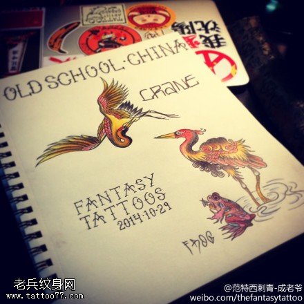 彩色仙鹤纹身手稿图案