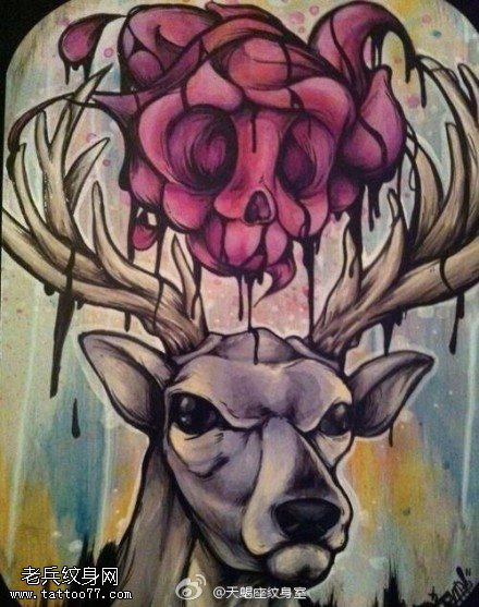 彩色个性羚羊骷髅纹身手稿图案