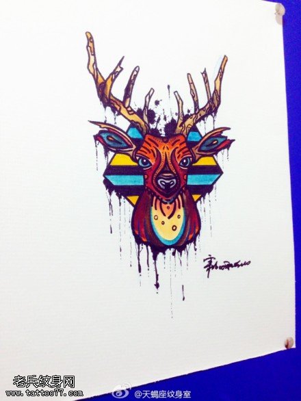 彩色羚羊纹身手稿图案
