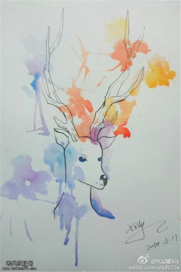 彩色泼墨羚羊纹身手稿图案