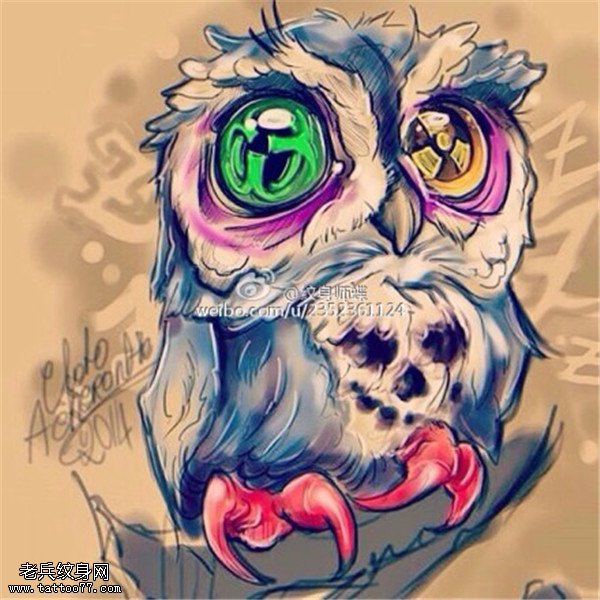 彩色萌版猫头鹰纹身手稿图案