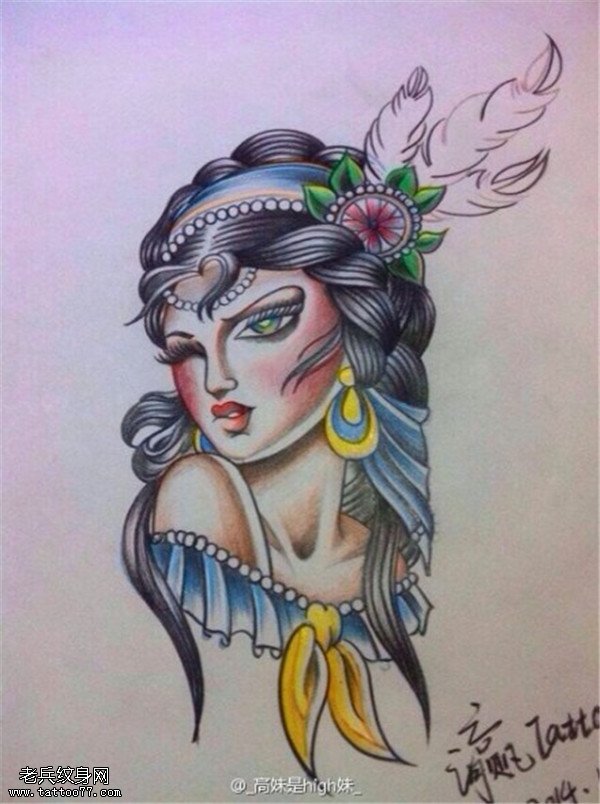 彩色school性感女郎纹身手稿图片