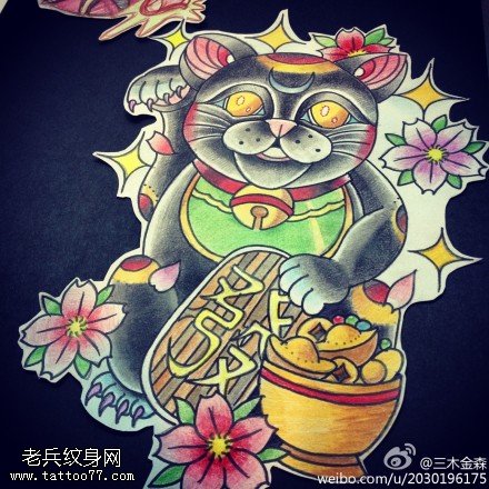 彩色个性招财猫樱花纹身手稿图案