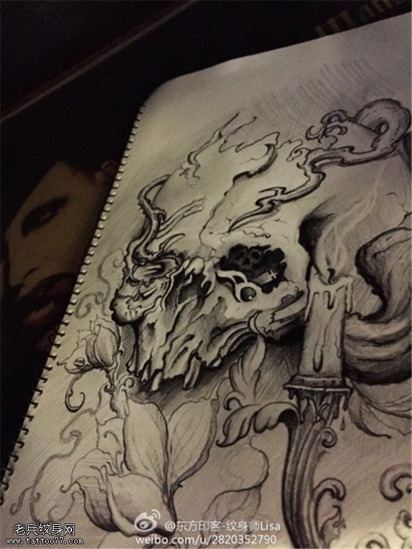 欧美骷髅蜡烛莲花纹身图案