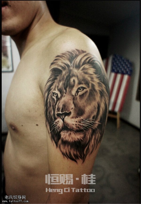 手臂黑灰写实狮子纹身图案
