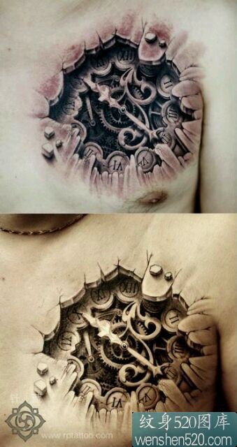 胸前逼真的3d机械齿轮纹身图案