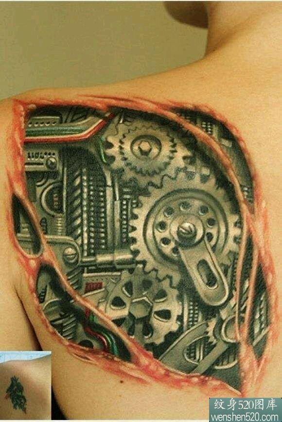 后背逼真的3d机械齿轮纹身图案