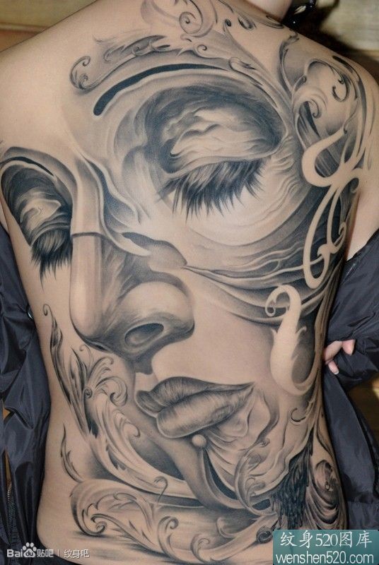 唯美的满背女性肖像浮雕纹身图案