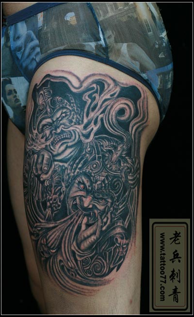 腿部哼哈二将纹身图案