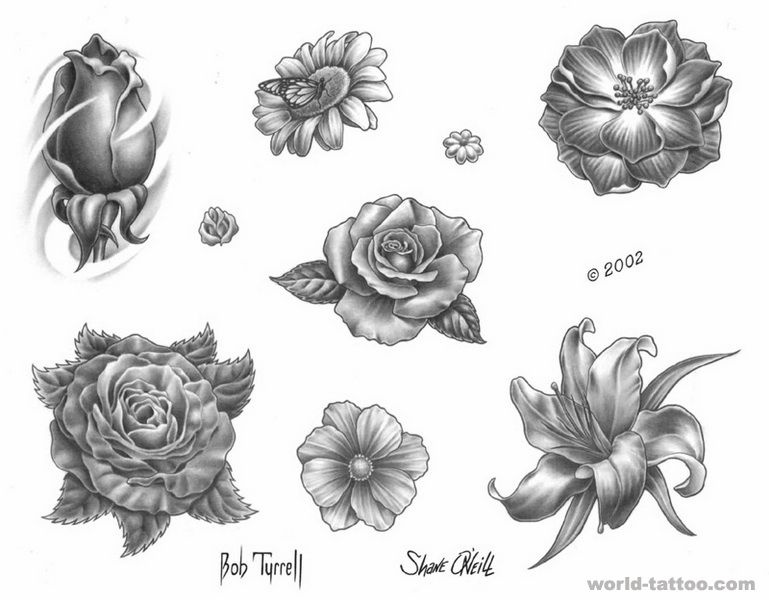 黑白素描图案:玫瑰百合纹身向日葵纹身图案