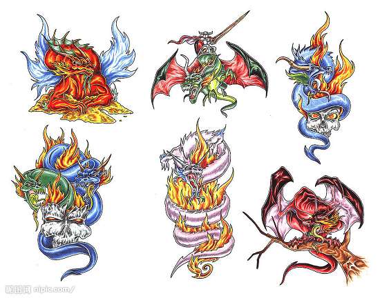 卡通纹身图案:欧式龙火焰骷髅纹身图案