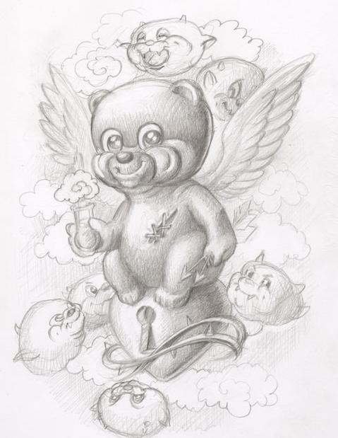 可爱的小熊翅膀素描纹身图案