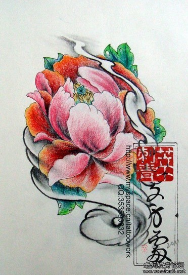 牡丹纹身图案:彩色牡丹纹身图案