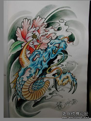 龙纹身图案:彩色龙头牡丹纹身图案