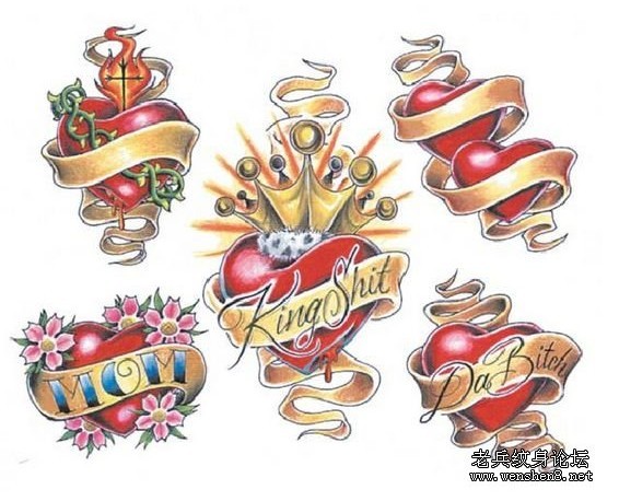 爱心纹身图案:彩色爱心飘带纹身图案