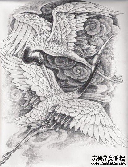 满背纹身图案:满背白鹤丹顶鹤纹身图案