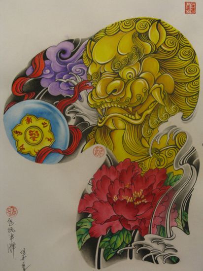 半胛纹身图案:彩色半胛狮子牡丹纹身图案