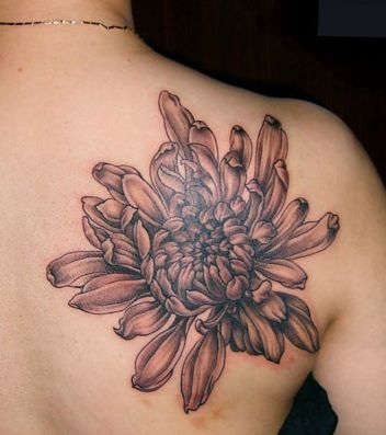 菊花纹身图案:肩部黑白菊花纹身图案