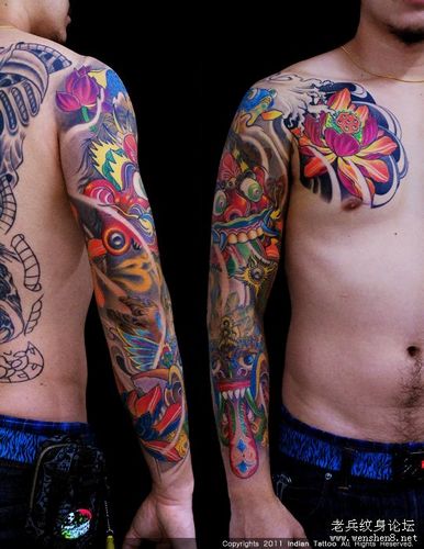 半胛纹身图案:彩色半胛嘎巴拉莲花纹身图案