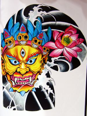 半胛纹身图案:彩色半胛金刚头像莲花纹身图案