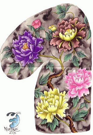 半胛纹身图案:彩色半胛牡丹纹身图案