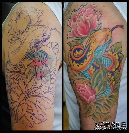华丽的手臂彩色蛇牡丹纹身图案