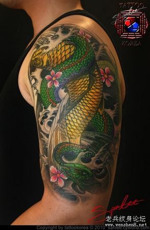 蛇纹身图案：手臂彩色蛇缠鲤鱼纹身图案