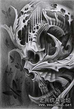 男人纹身图案：欧美机械骷髅纹身图案