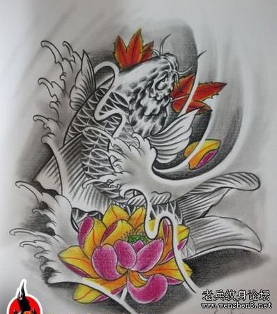 男人纹身图案：彩色鲤鱼莲花枫叶纹身图案
