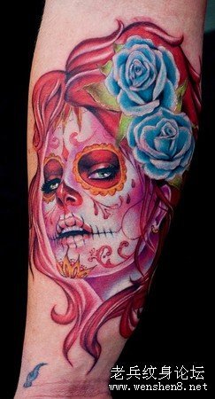 手臂彩色欧美美女玫瑰花纹身