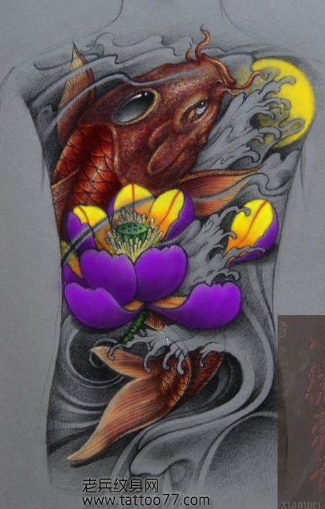 华丽的满背彩色鲤鱼莲花纹身手稿