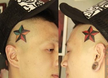 头部一款彩色五芒星纹身图案