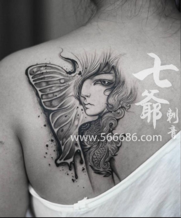 南昌七爷纹身秀图吧纹身作品:后背美女纹身图案