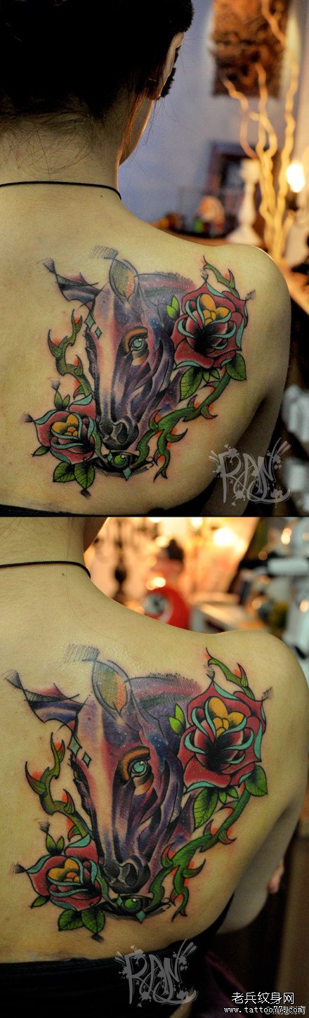 女生背部时尚经典的马纹身图案缩略频道推荐图