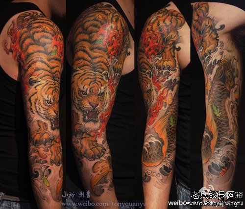 男人手臂帅气时尚的下山虎与鲤鱼纹身图案