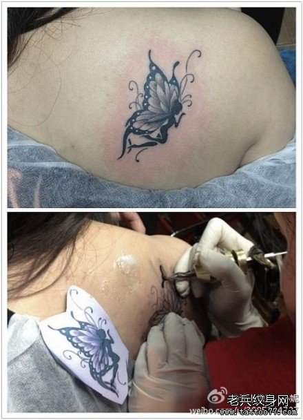 女人肩背时尚唯美的蝴蝶纹身图案