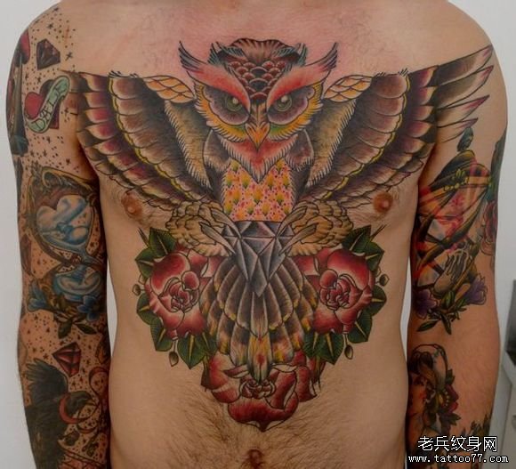 男人前胸超酷的old school猫头鹰纹身图案
