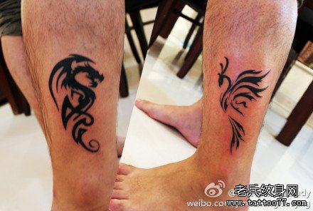 腿部时尚流行的情侣图腾龙与凤凰纹身图案