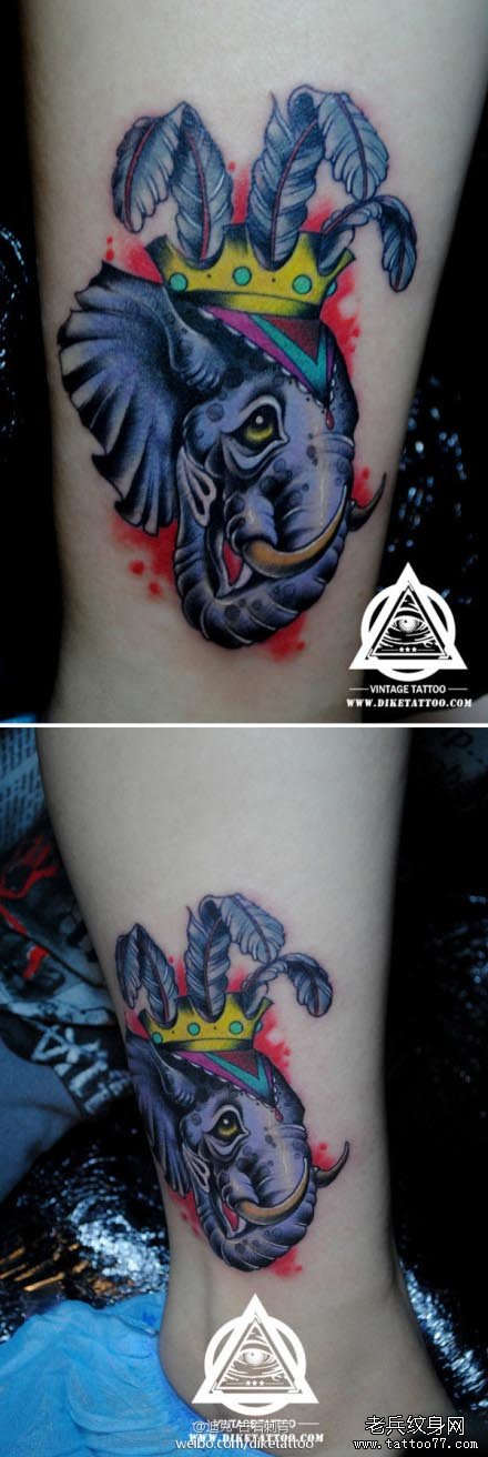 腿部时尚经典的大象纹身图案