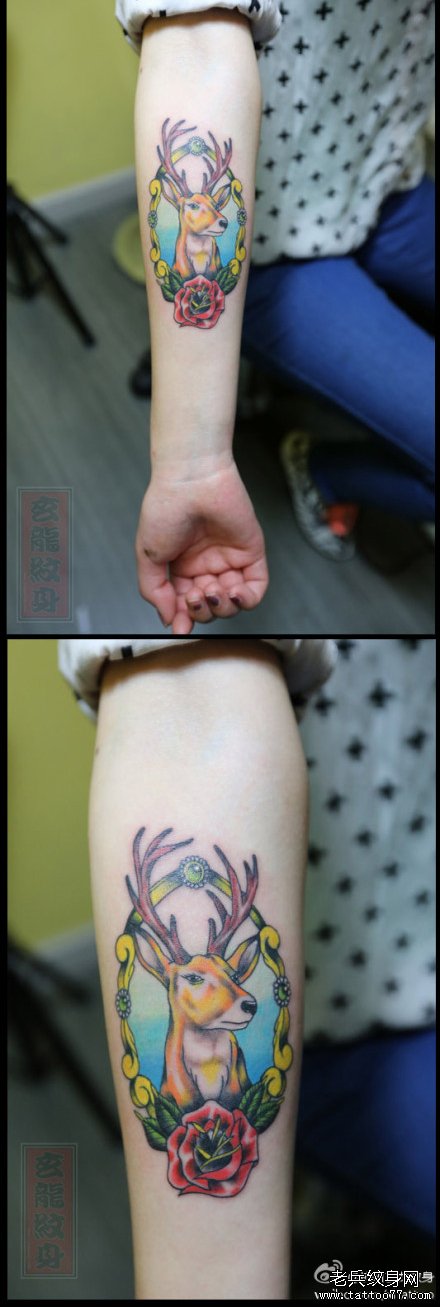 手臂时尚精美的彩色小鹿纹身图案