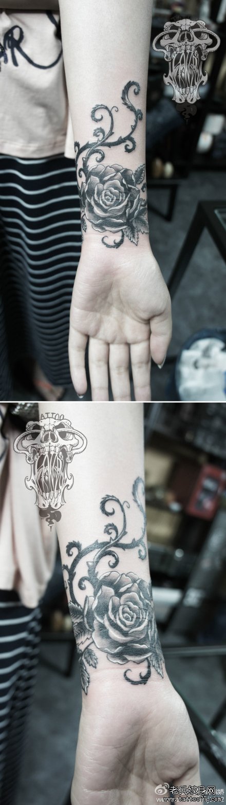 女生手臂精美时尚玫瑰花纹身图案