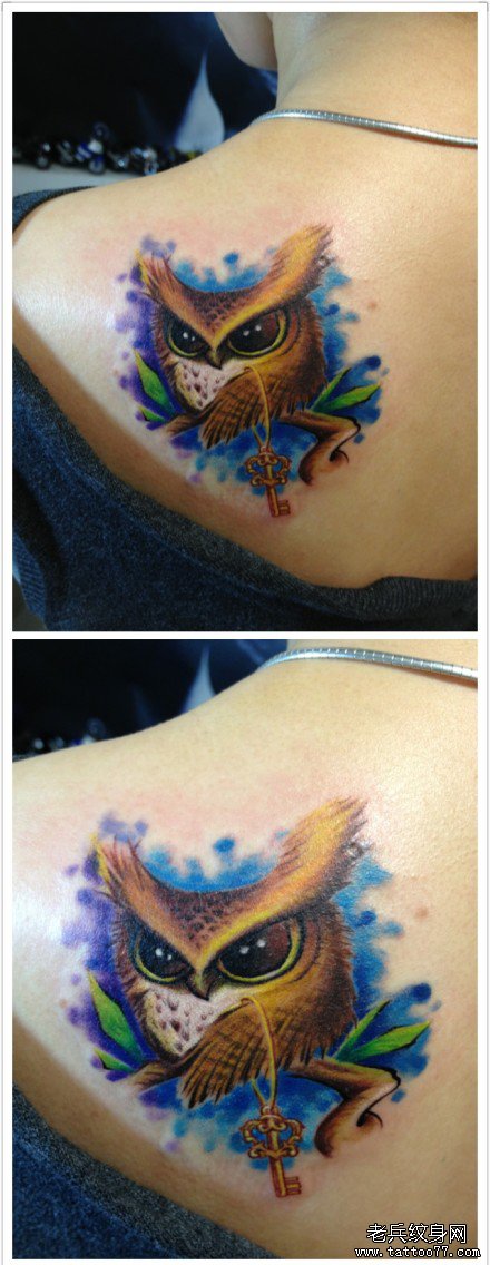 女生背部可爱很萌的猫头鹰纹身图案
