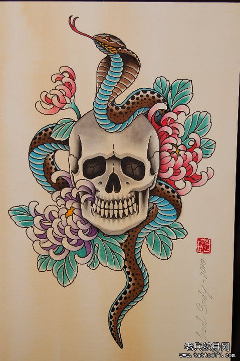 帅气时尚的蛇与骷髅纹身图案
