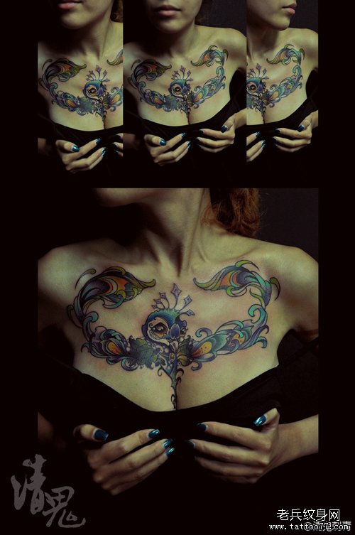 美女前胸漂亮时尚的小鸟纹身图案