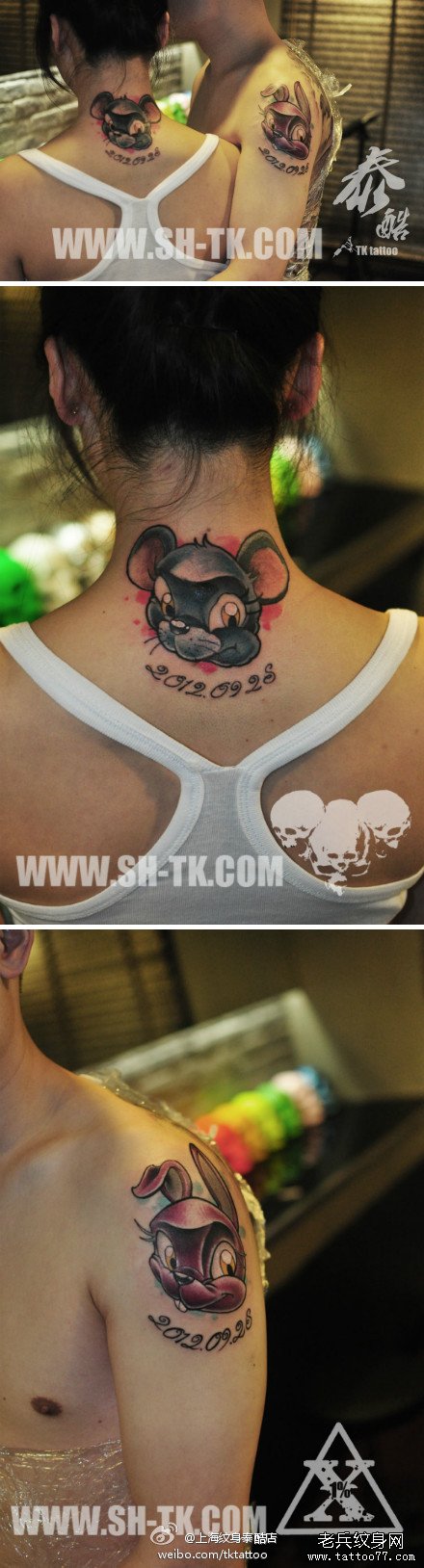 后颈可爱的情侣小兔子与老鼠纹身图案