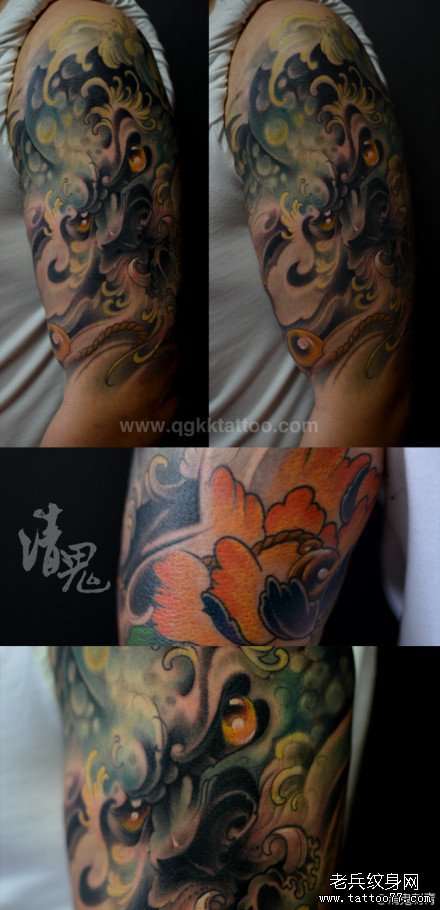 男人手臂潮流超酷的唐狮子纹身图案