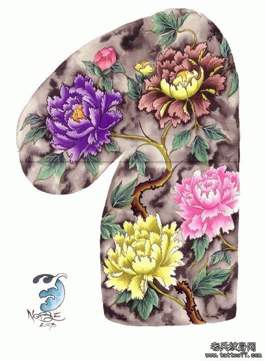 好看经典的高端大气上档次的老传统半胛牡丹纹身手稿图案