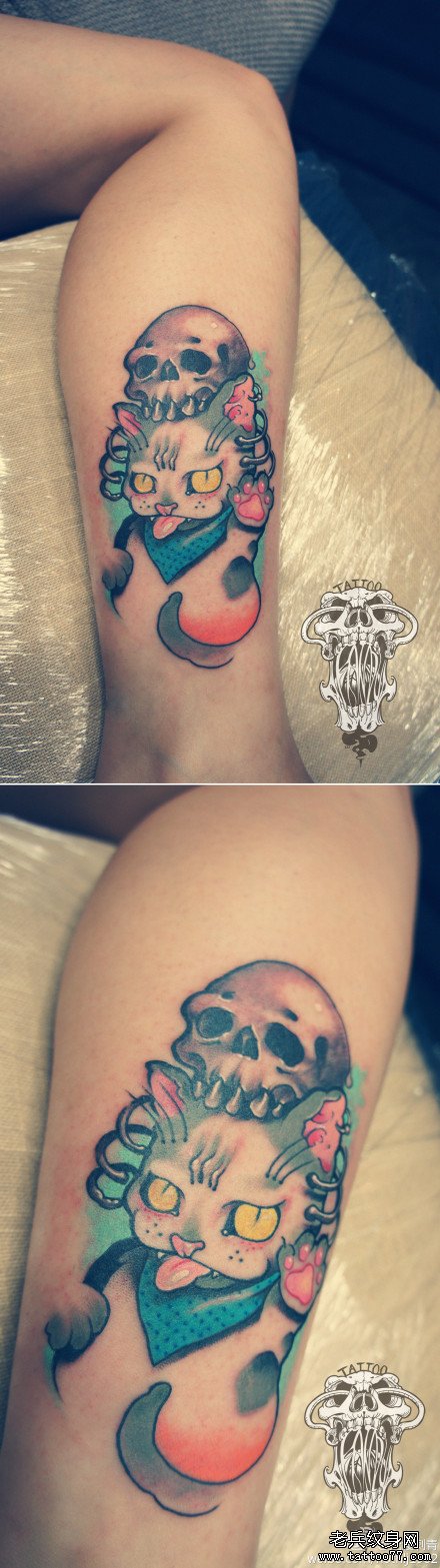 男生腿部一款时尚另类的猫咪纹身图案