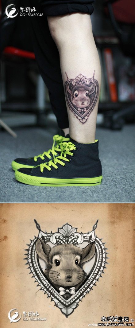腿部一款可爱时尚的小老鼠纹身图案