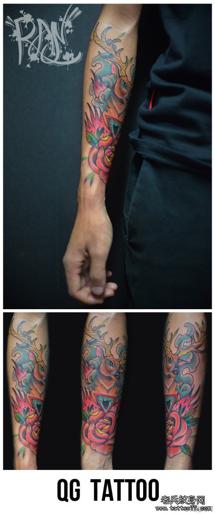 男生手臂潮流看到的小鹿与玫瑰纹身图案